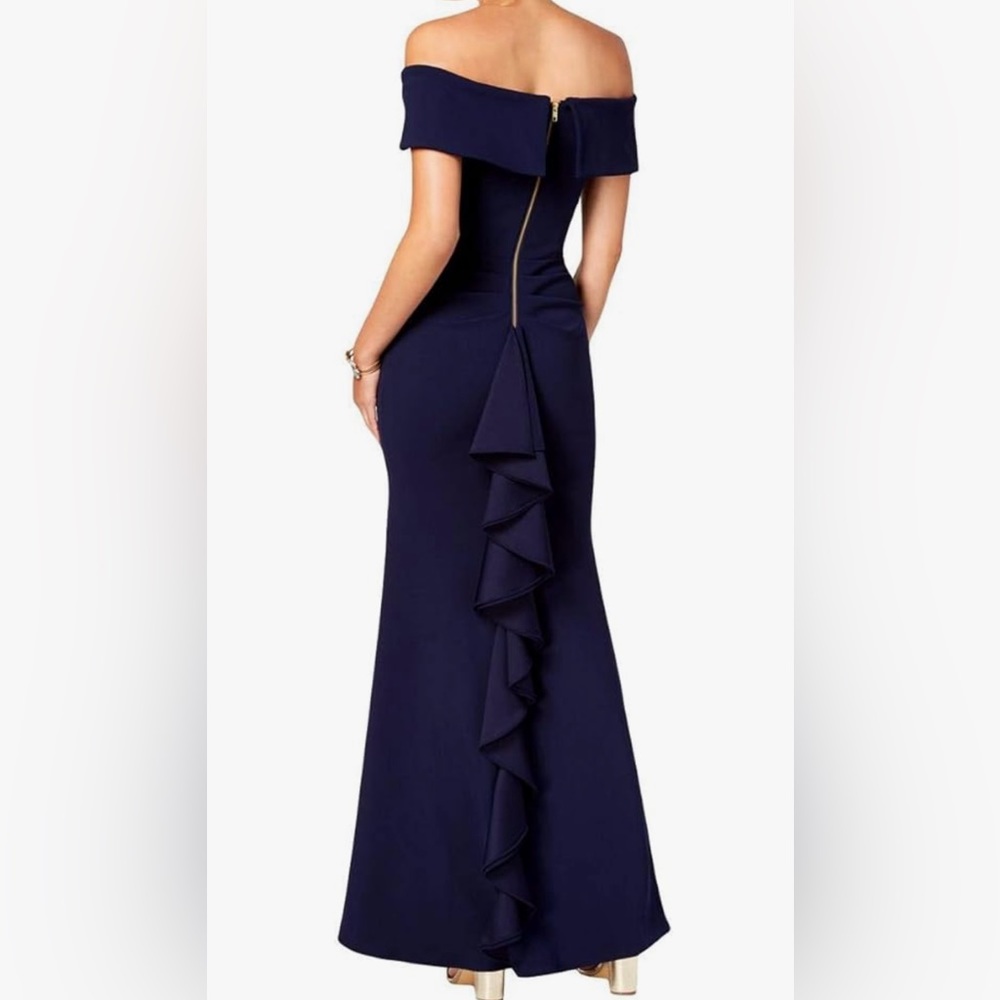 Betsy & Adam Navy Off-Shoulder Prom Dress